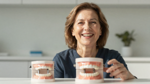 Smiling senior woman with a full-arch dental implant model