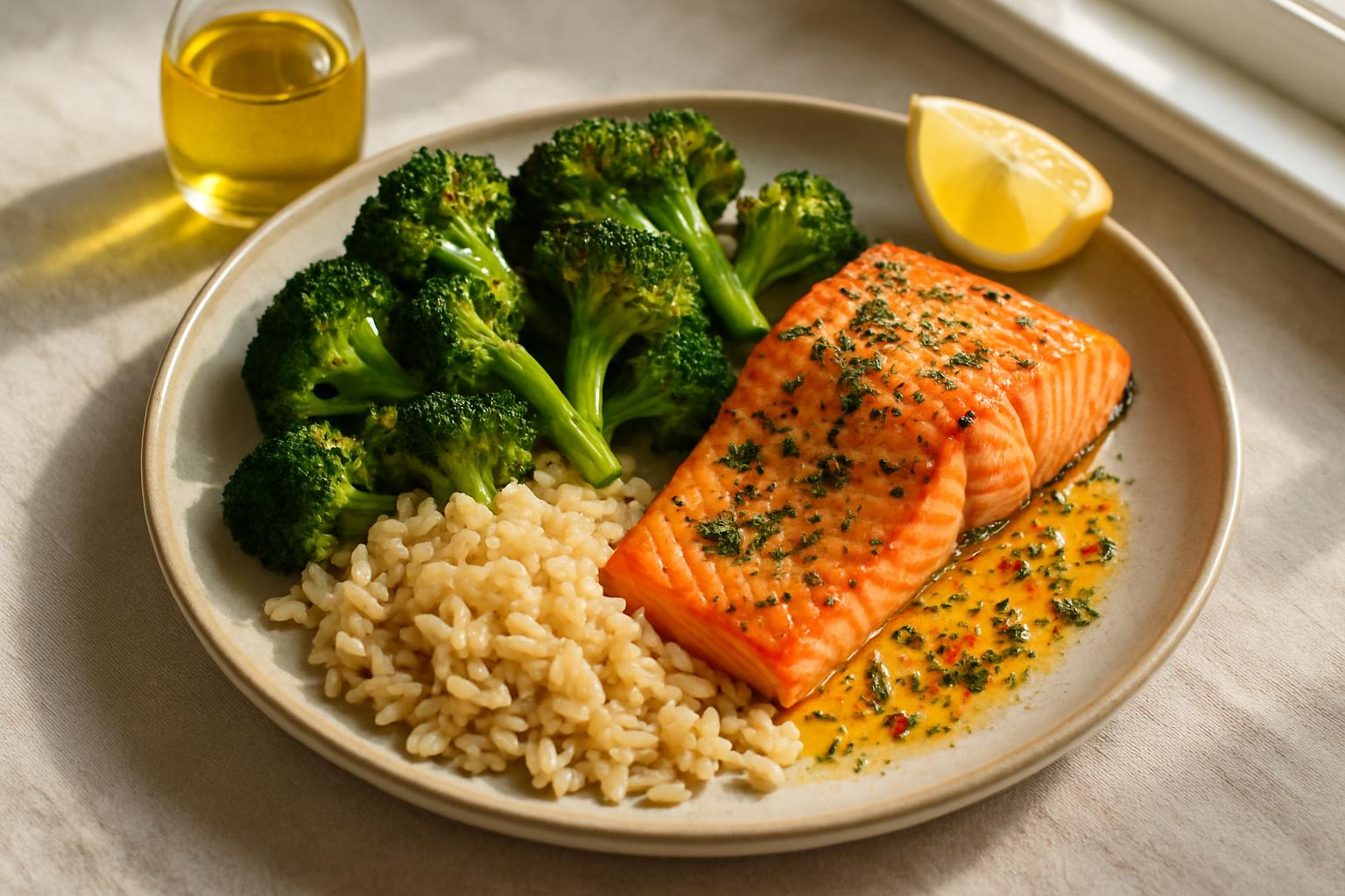 Baked salmon with broccoli and brown rice, an anti-inflammatory meal