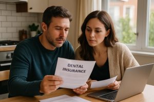 Couple examinant des documents d'assurance dentaire à la maison