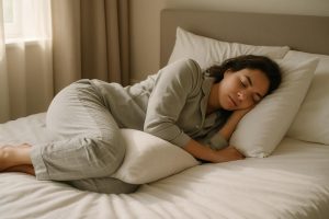Woman sleeping on her side with a pillow between her knees