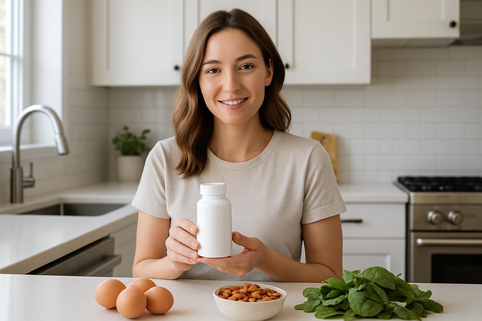 Woman holding a biotin supplement bottle