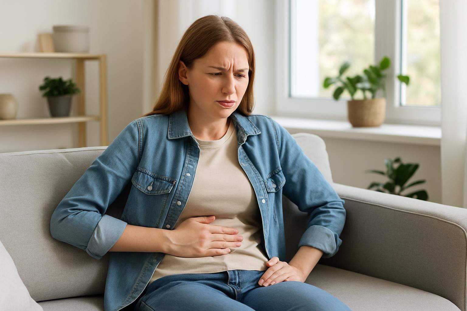 Woman holding her stomach from bloating discomfort
