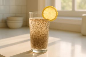 Glass of chia seed water with lemon on a kitchen counter