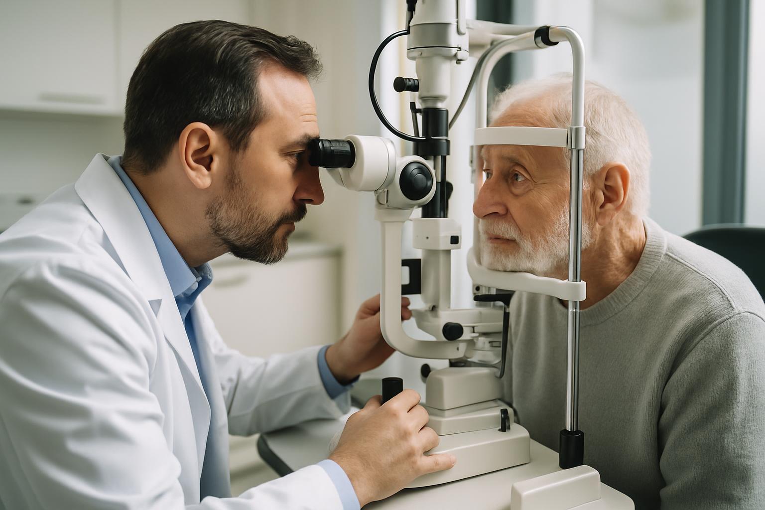 Ophtalmologue examinant l'œil d'un patient âgé avant une chirurgie de la cataracte