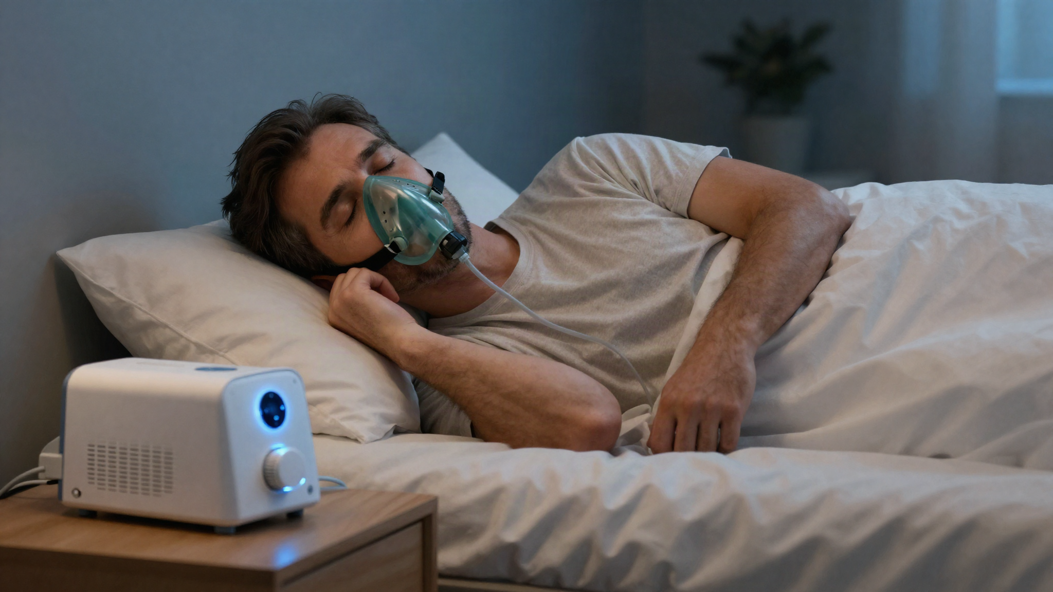 Man sleeping peacefully with a CPAP mask and machine on the nightstand