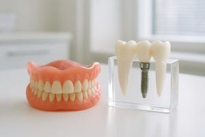 Denture next to a dental implant model
