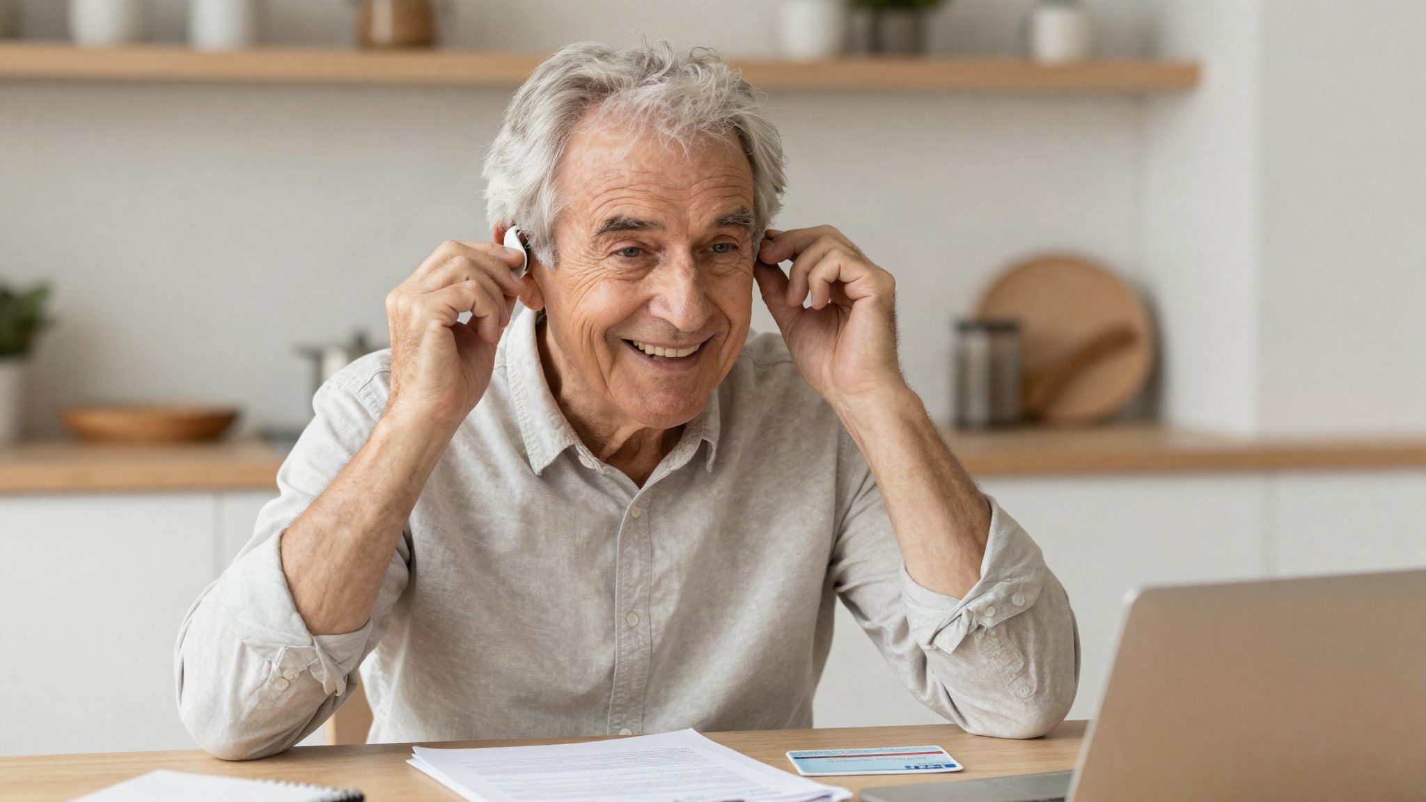Senior man adjusting a behind-the-ear hearing aid at home