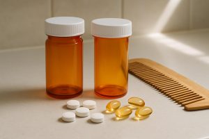Hair loss medication bottles next to a comb