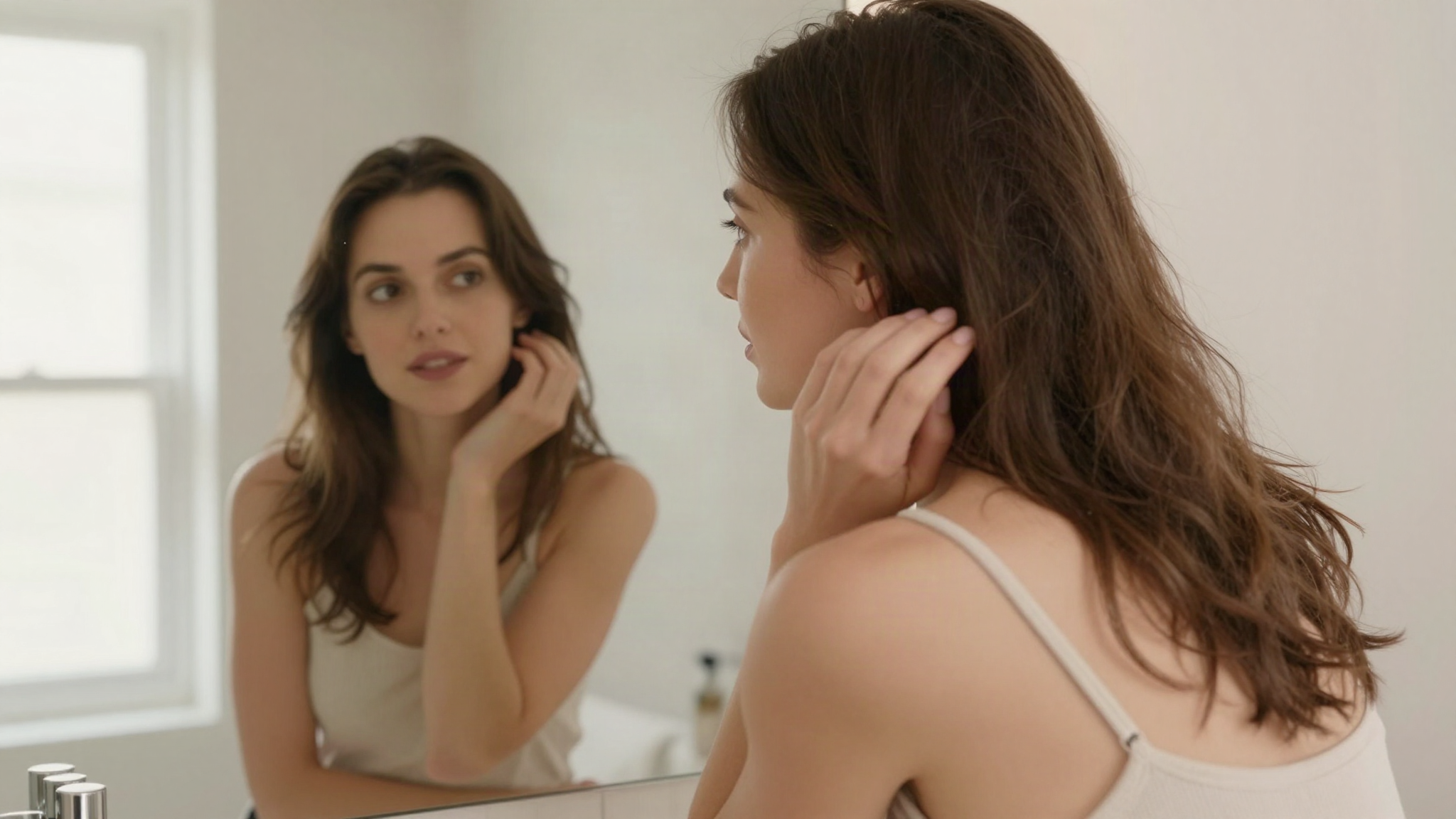 Woman checking her hair part for thinning in a bathroom mirror