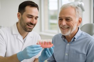 Dentist showing a full-arch implant model to a patient