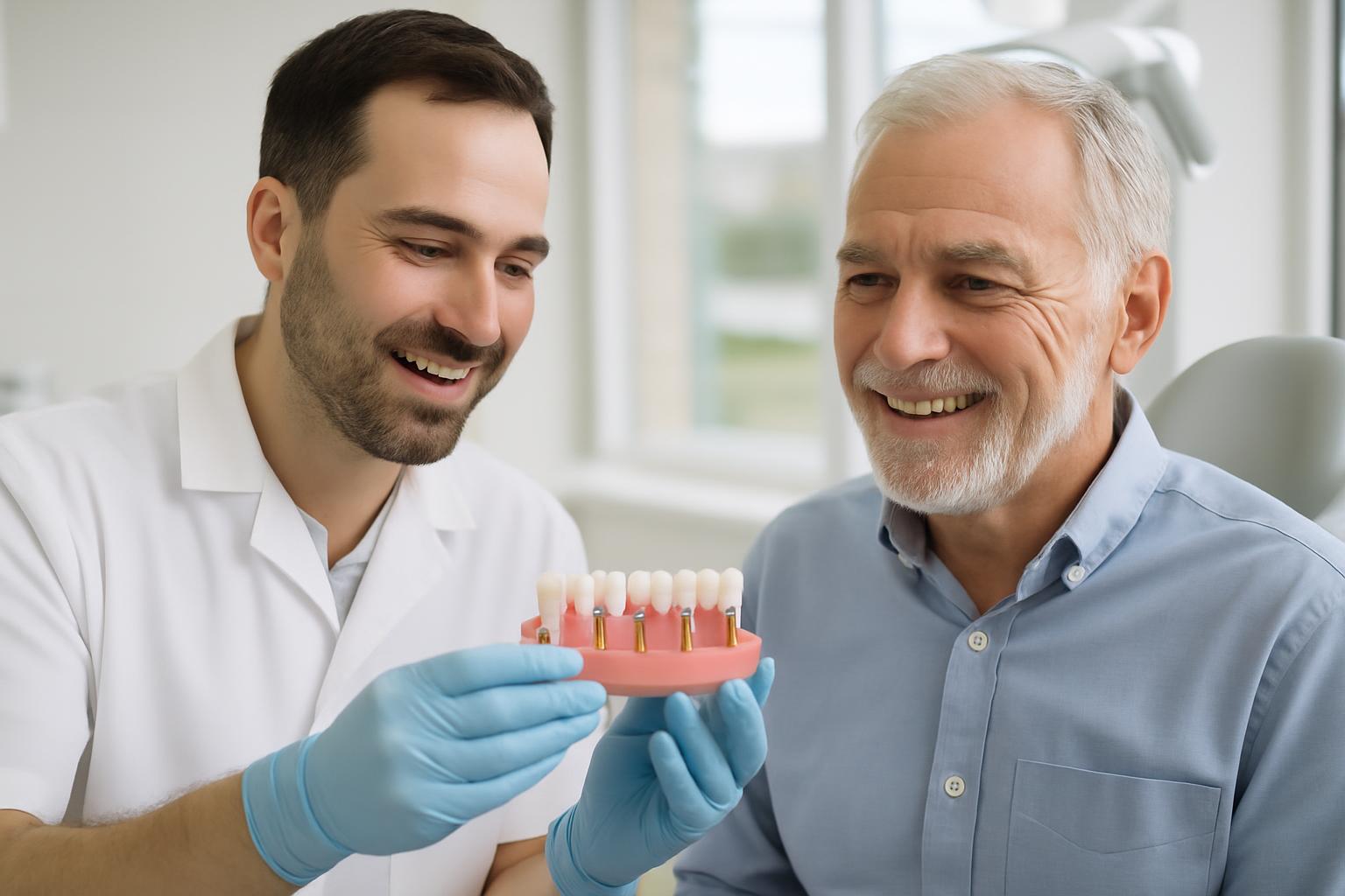 Dentist showing a full-arch implant model to a patient