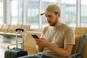 Man traveling home after a hair transplant abroad