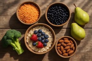 Assortment of high-fiber foods including beans, oats, berries and vegetables