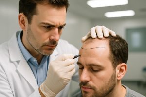 Surgeon assessing a man's hairline before a hair transplant