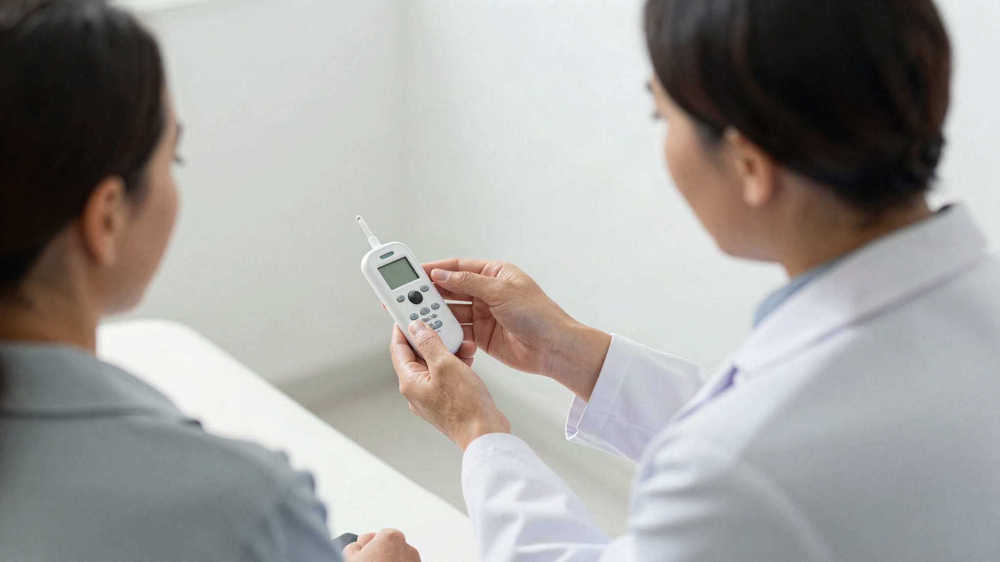 Sleep doctor showing an implantable sleep apnea device to a patient