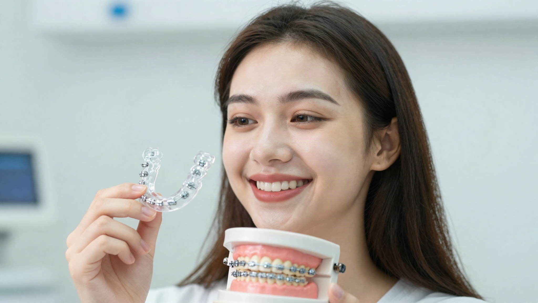 Woman comparing a clear aligner with metal braces at the dentist