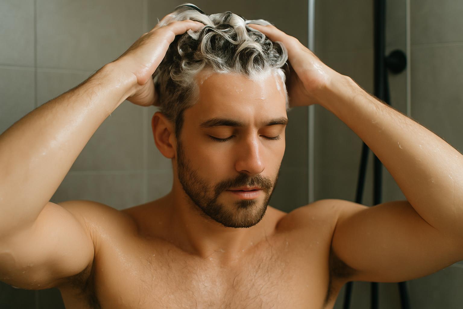 Man washing his scalp with medicated shampoo