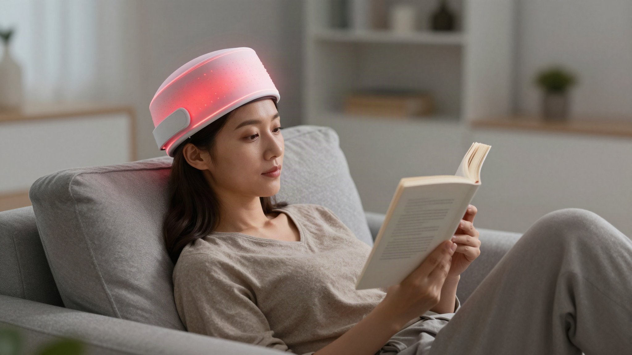 Woman relaxing at home while wearing a laser hair growth cap