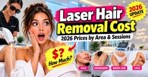 Woman receiving laser hair removal treatment in a clinic, with 2026 cost by area graphic