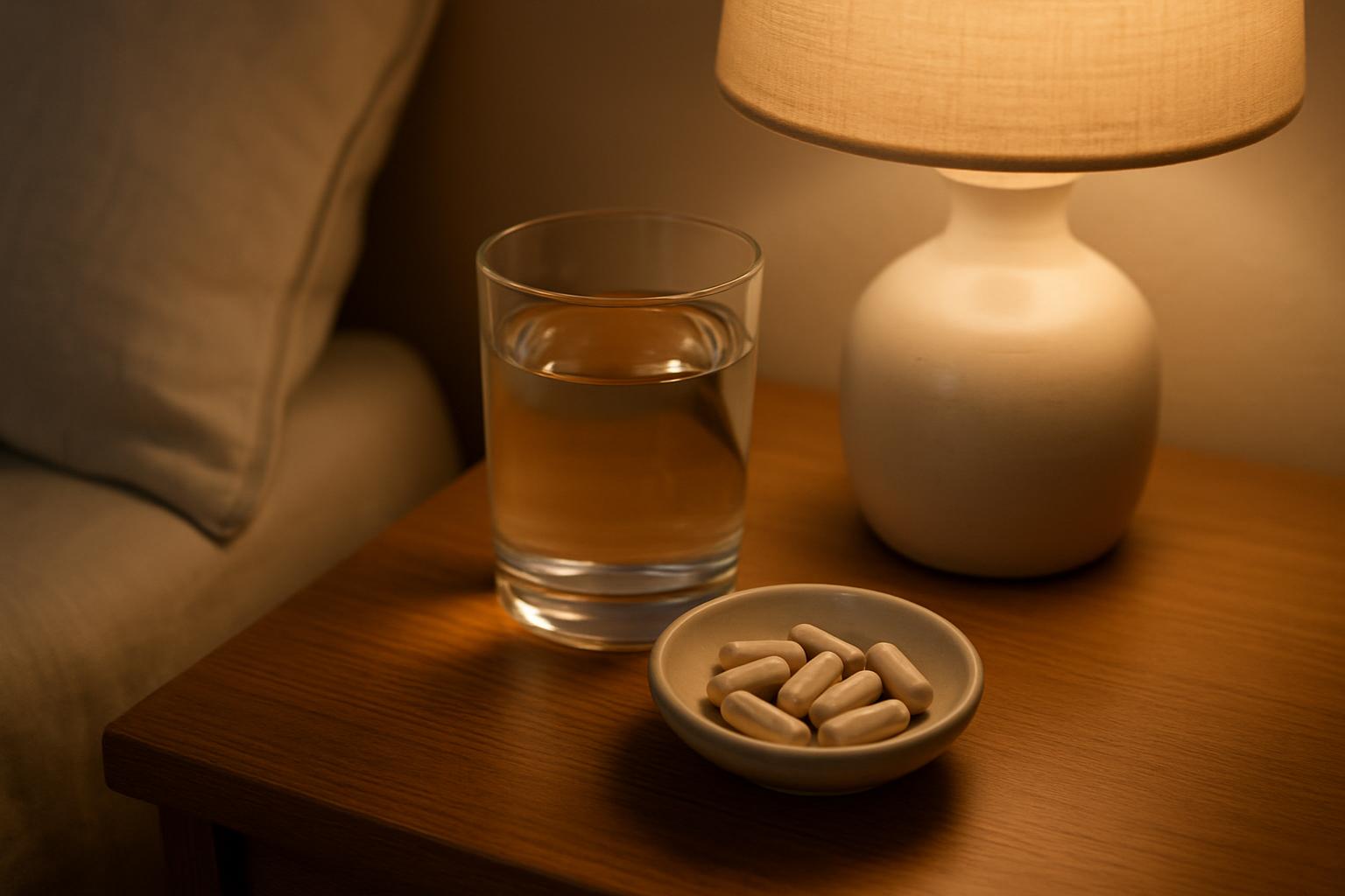 Magnesium capsules on a bedside table