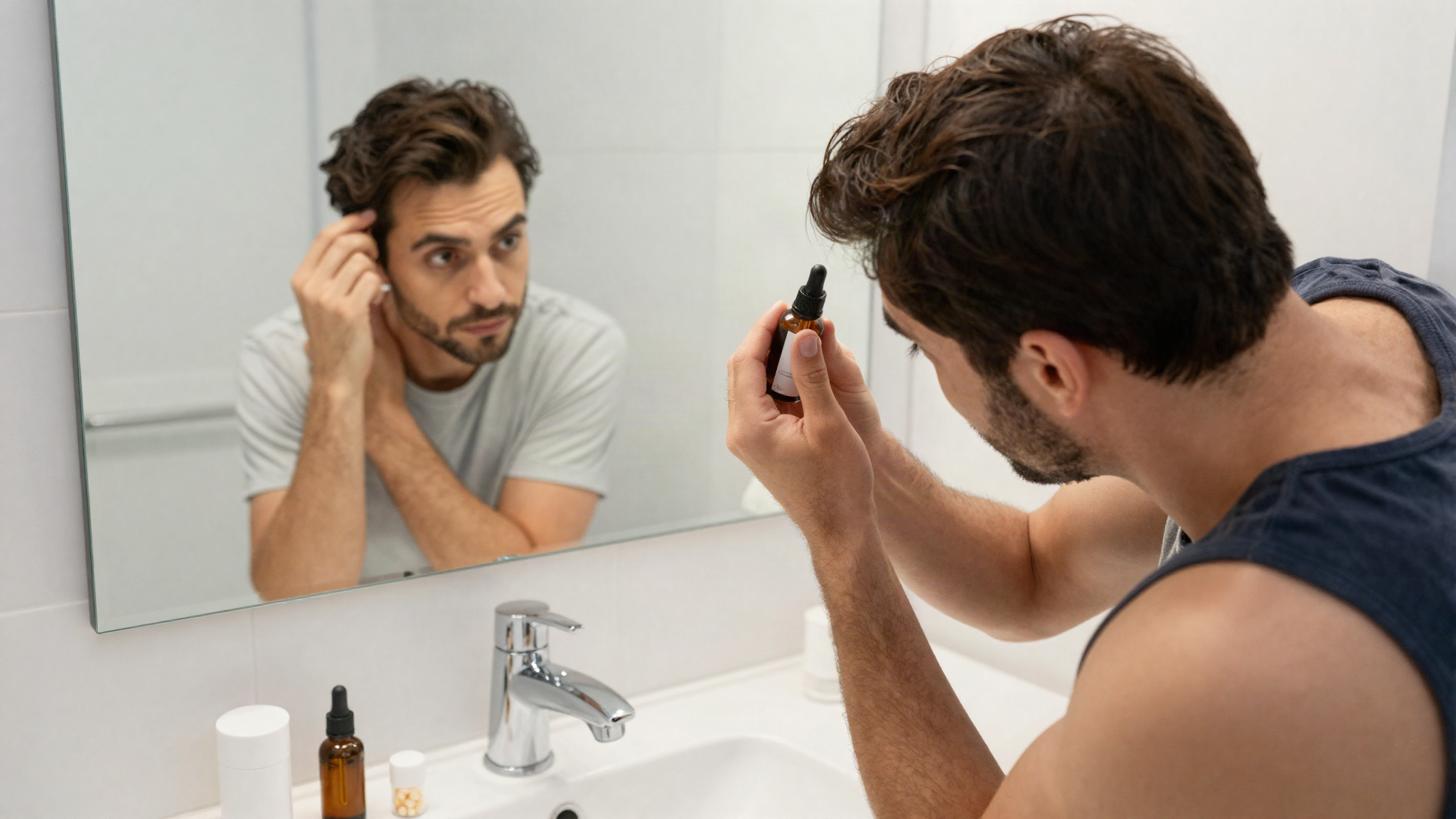 Man checking his hairline in the mirror with hair loss treatments on the counter