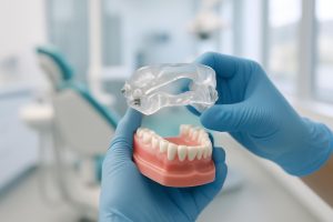 Dentist holding a custom sleep apnea oral appliance