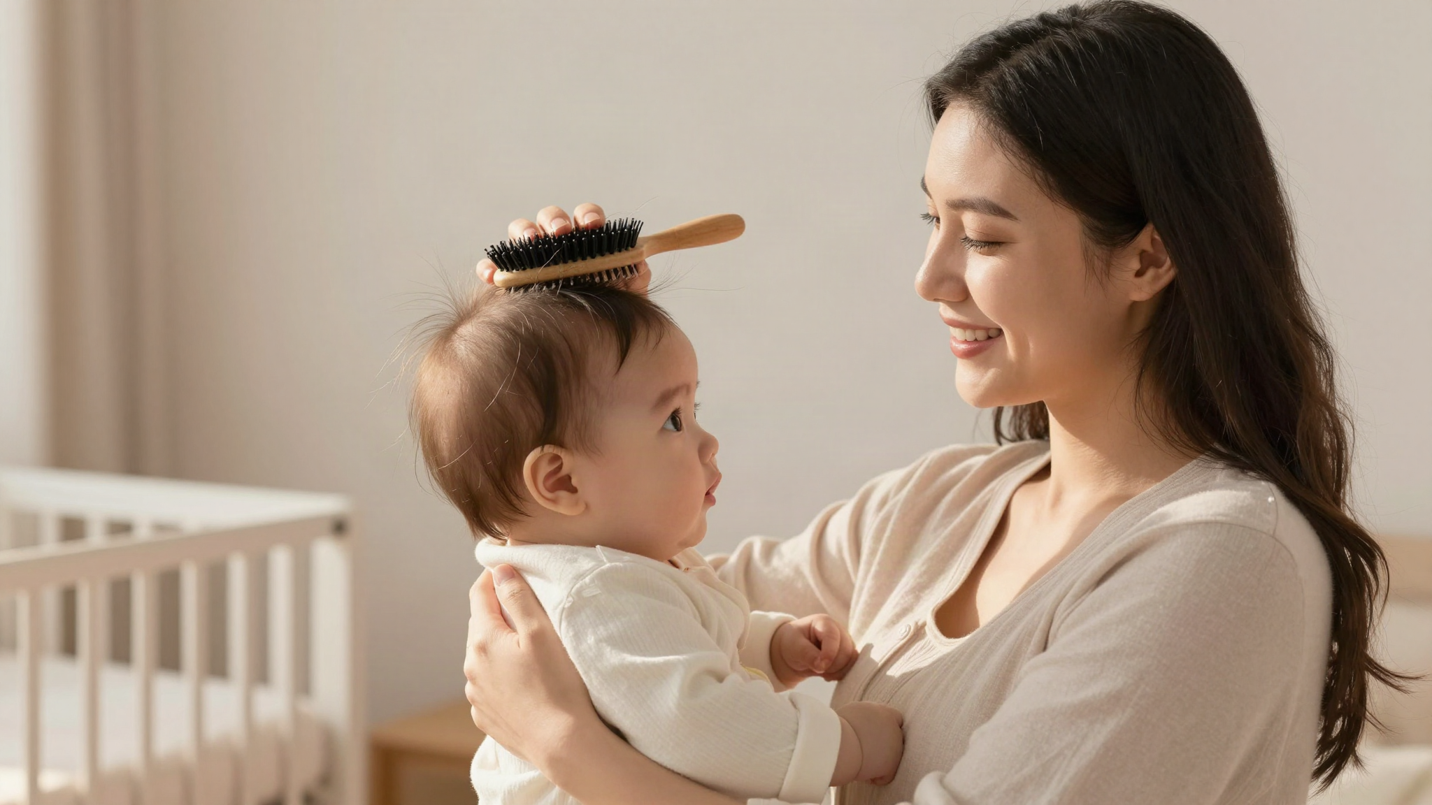 New mother holding her baby while brushing her hair