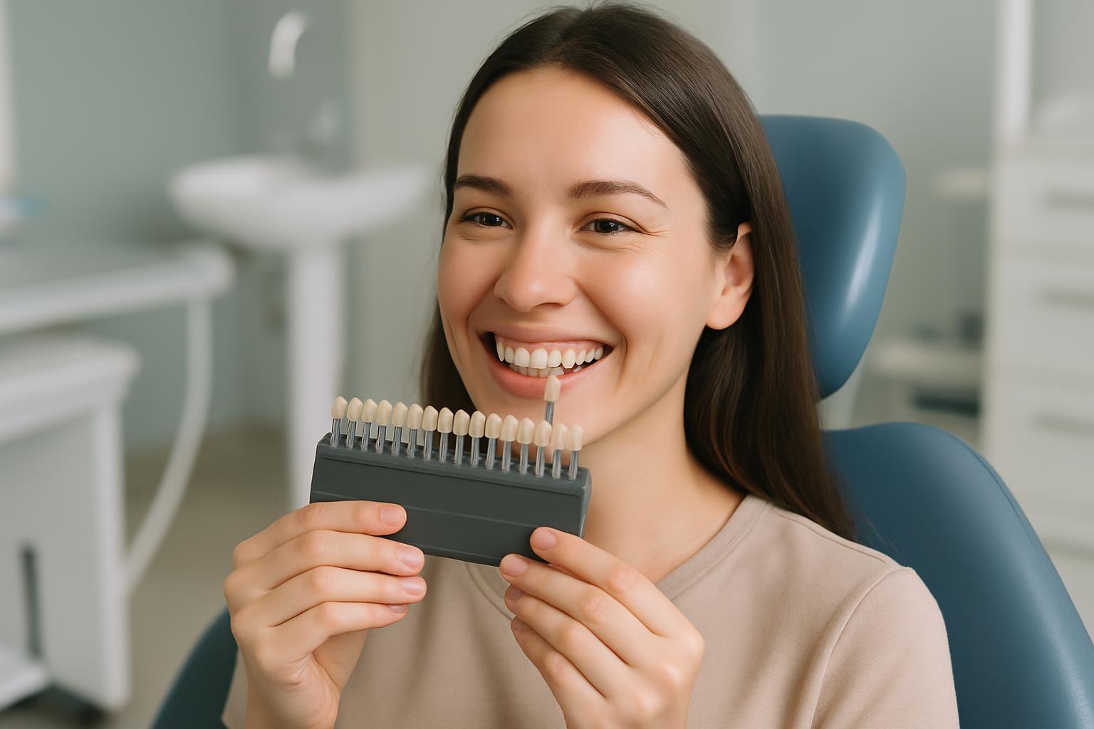 Femme souriante comparant la teinte de ses dents avec un guide de couleurs