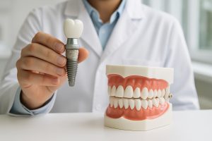 Dentiste présentant un modèle d'implant dentaire dans une clinique