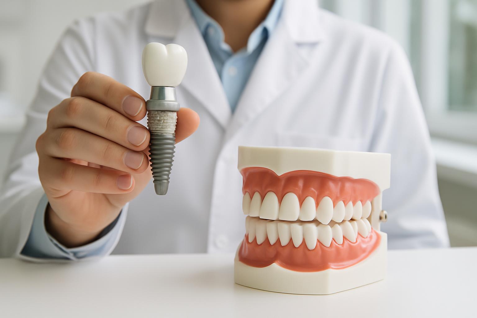 Dentiste présentant un modèle d'implant dentaire dans une clinique