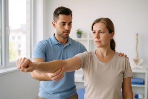 Physiothérapeute guidant un patient dans un exercice pour l'épaule