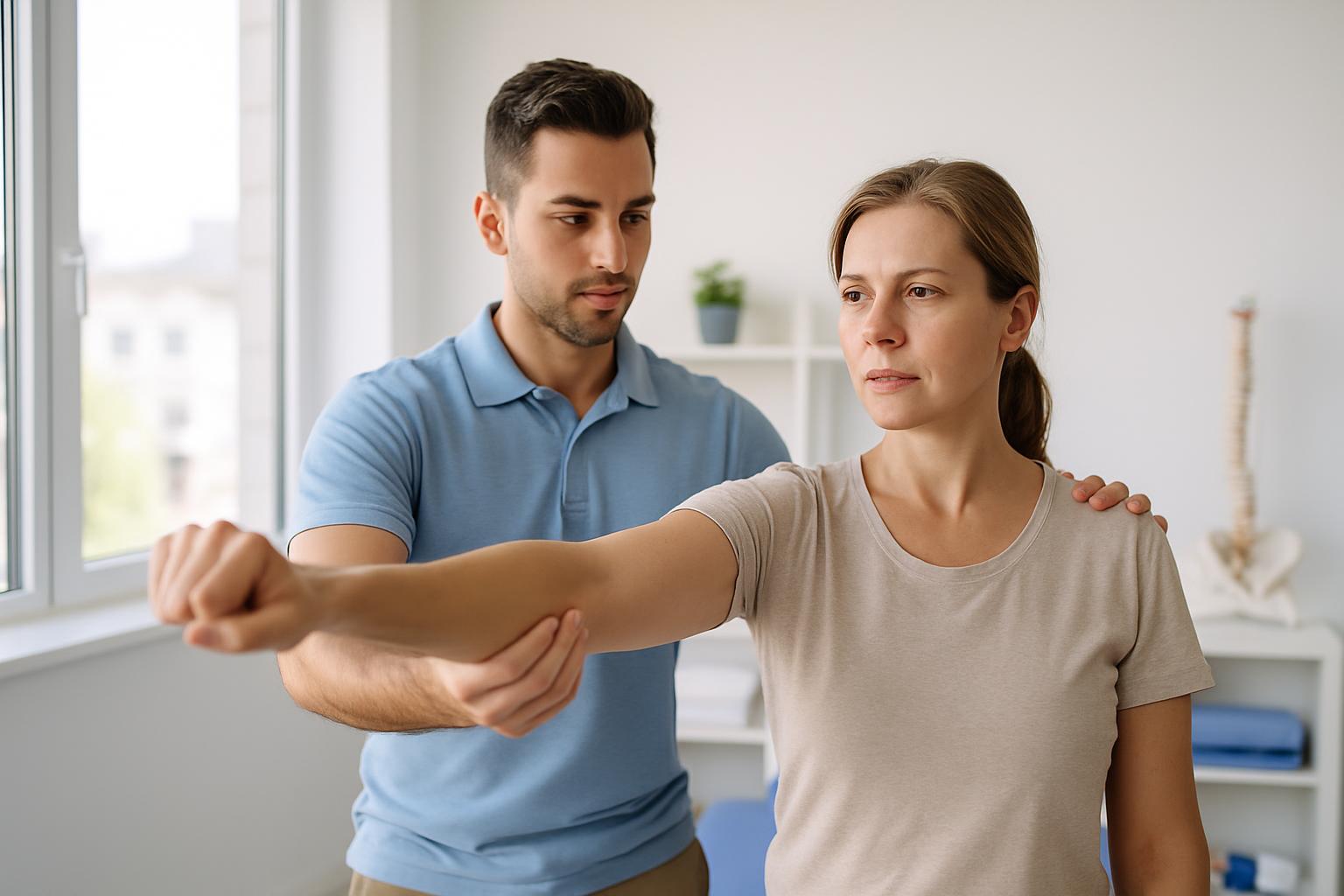 Physiothérapeute guidant un patient dans un exercice pour l'épaule