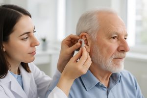 Audioprothésiste ajustant une prothèse auditive sur un patient aîné