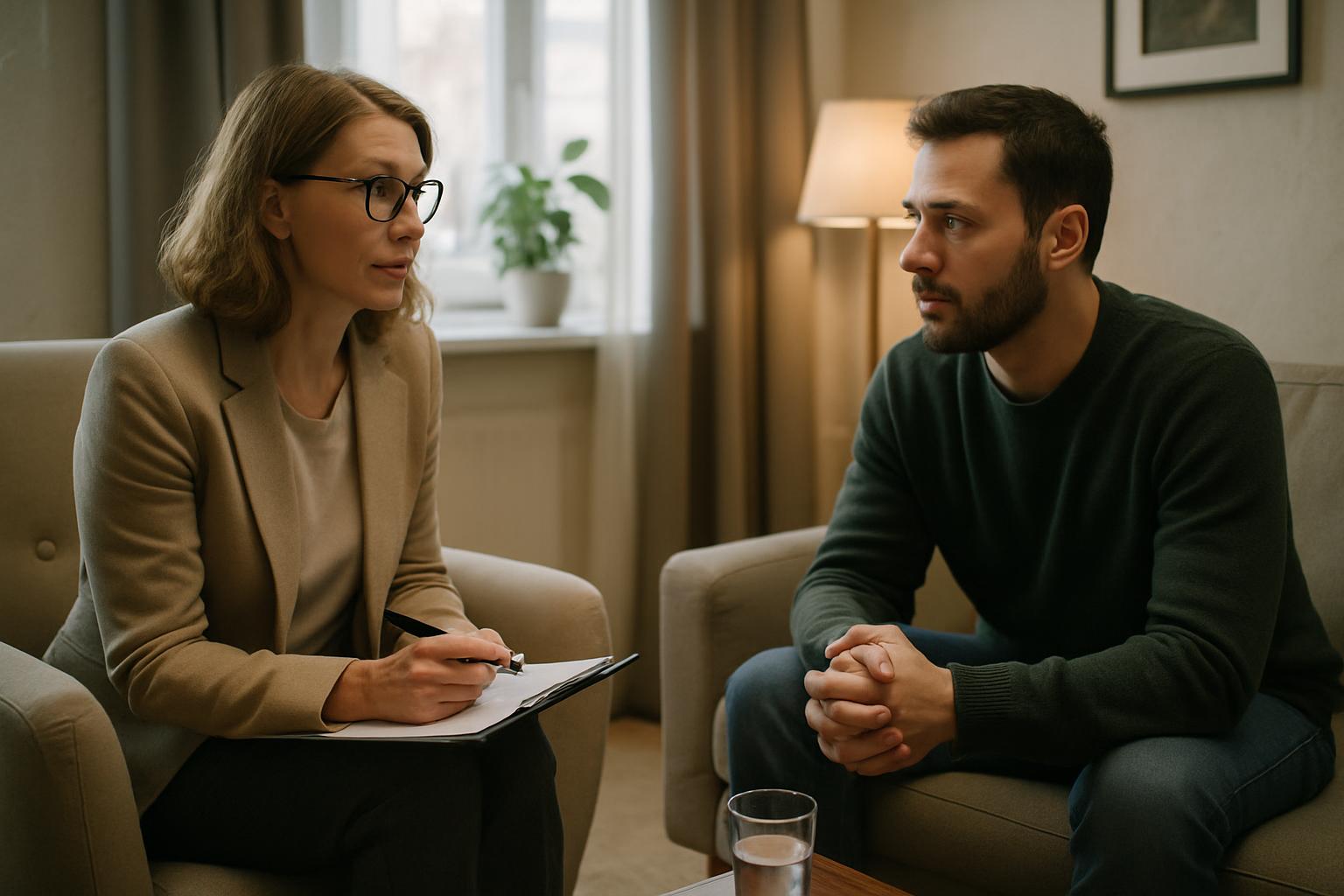 Psychologue discutant avec une cliente dans un bureau calme