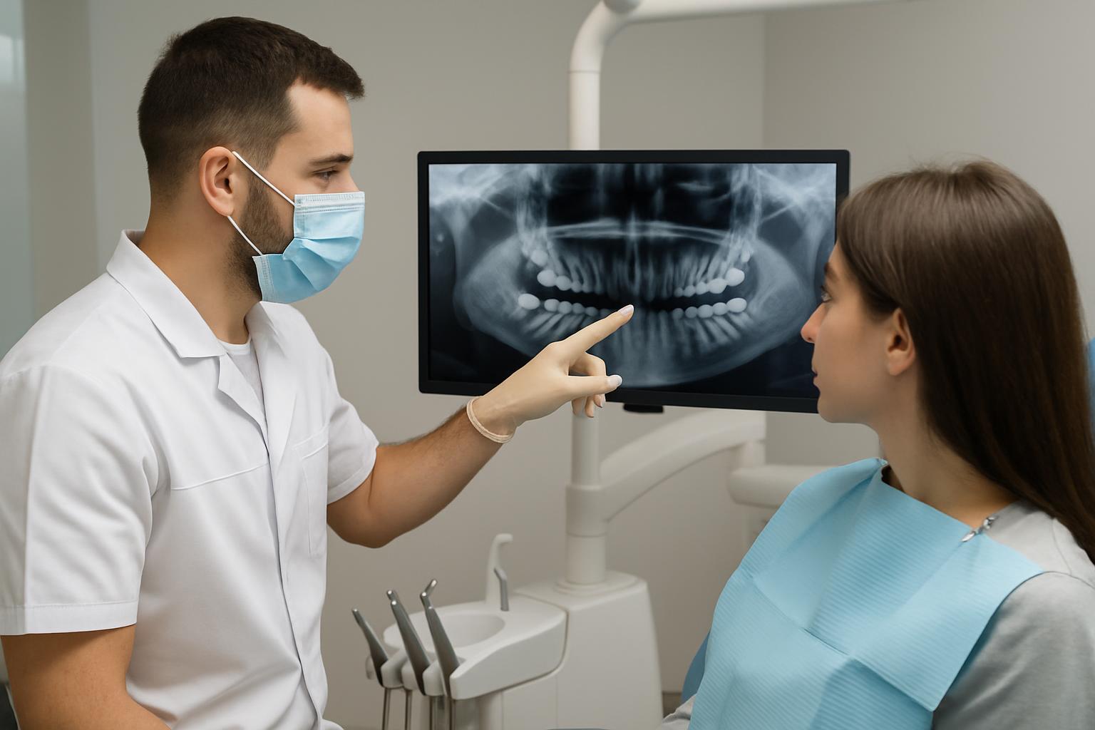 Dentist reviewing a molar X-ray with a patient