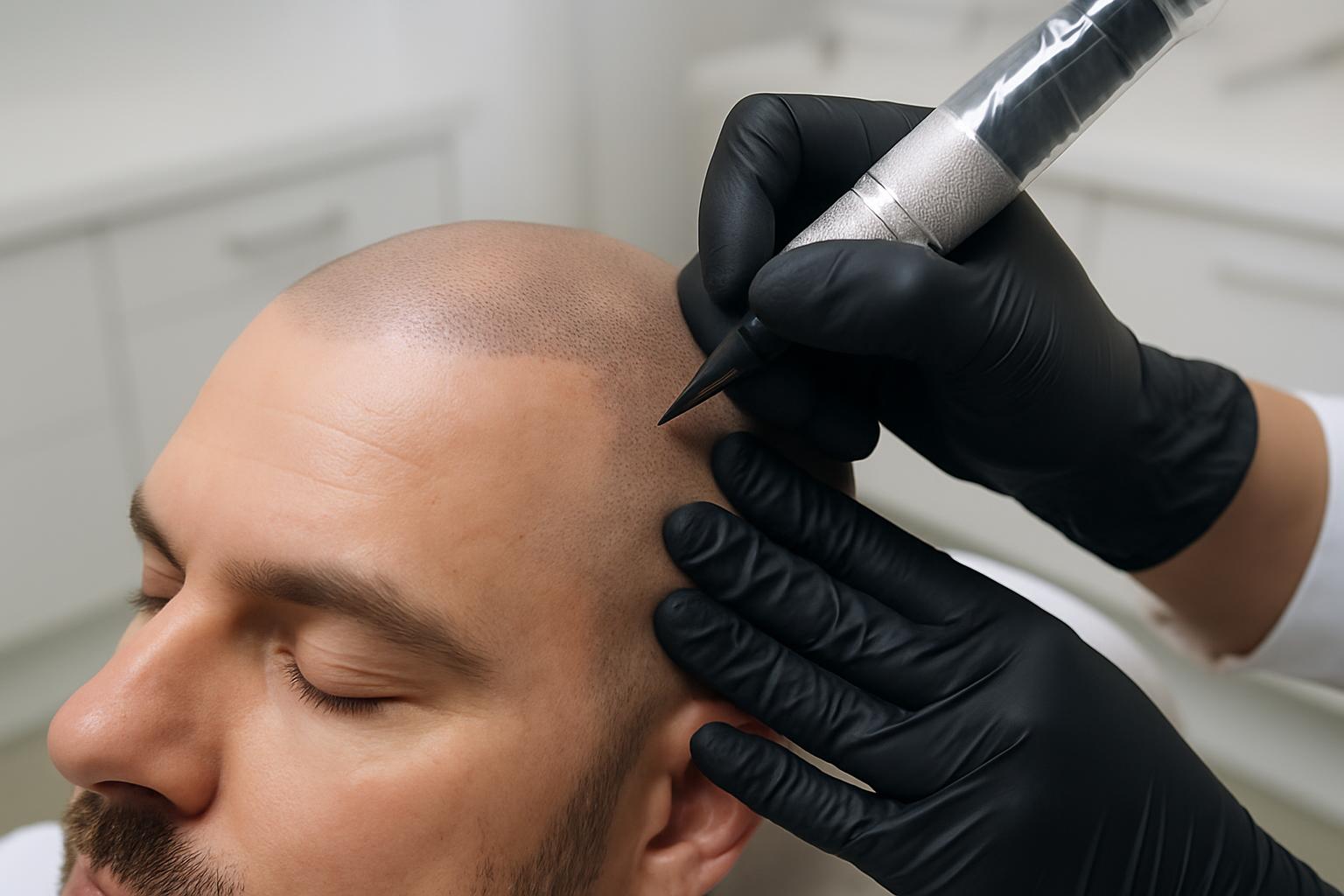 Scalp micropigmentation treatment on a shaved head
