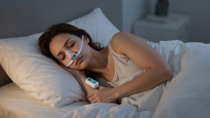 Woman sleeping at home while wearing a home sleep apnea test