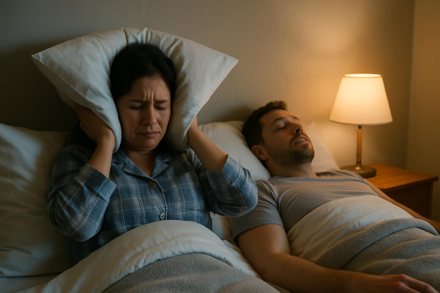 Woman covering ears while partner snores in bed