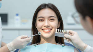 Woman with a bright smile next to a dental shade guide