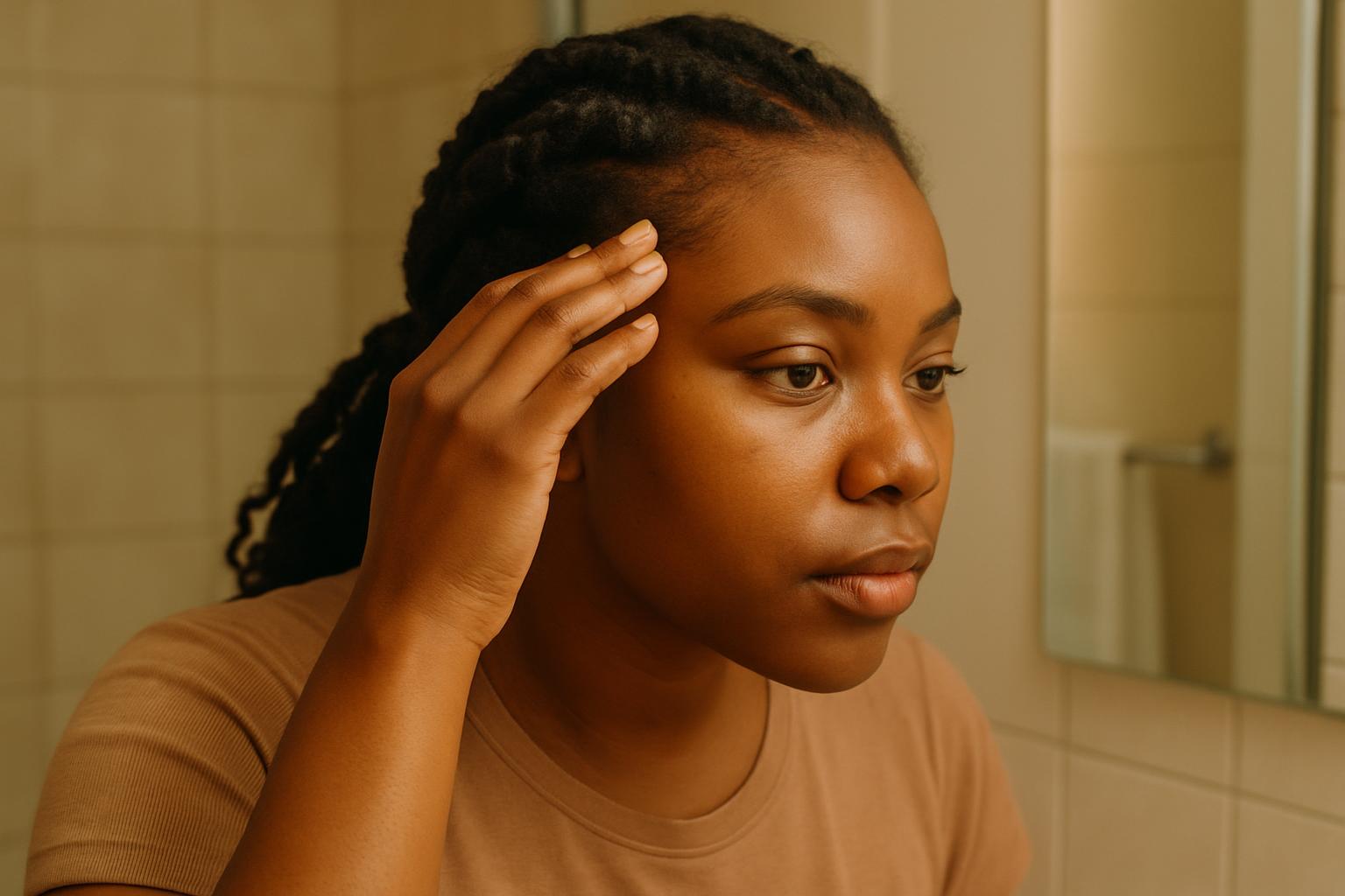 Woman checking her hairline for signs of traction alopecia