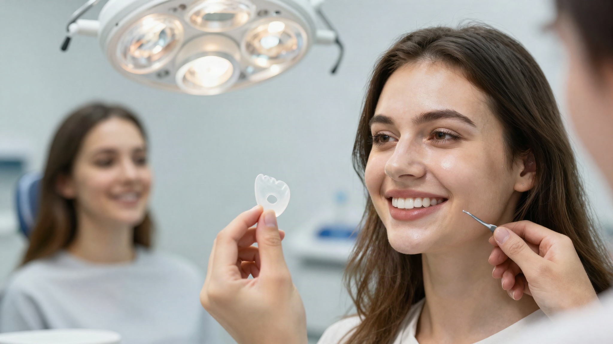 Dentist holding a thin porcelain veneer next to a smiling patient